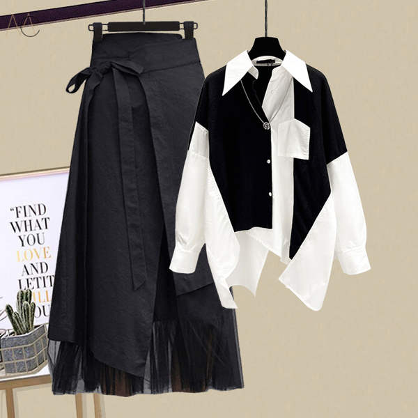 ホワイト+ブラック/シャツ+スカート（2点セット）