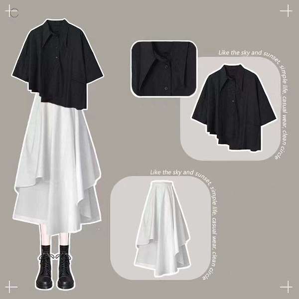 ブラック/Tシャツ＋ホワイト/スカート