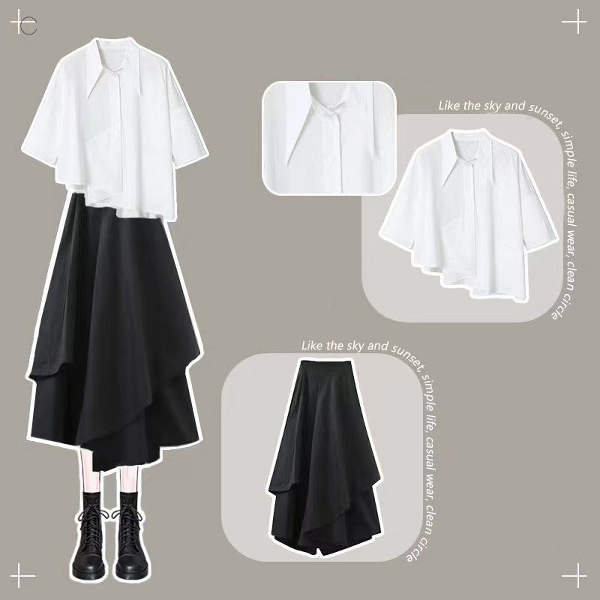 ホワイト/Tシャツ＋ブラック/スカート