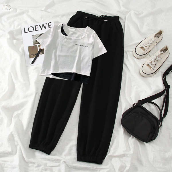 ホワイト/Tシャツ+ブラック/パンツ/セット