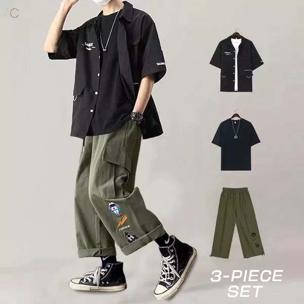 ブラック/シャツ+ブラック/Tシャツ＋グリーン/パンツ