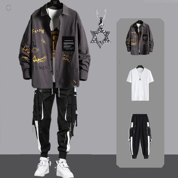 グレー/シャツ+ホワイト/Ｔシャツ+ブラック/パンツ