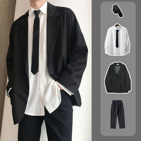 ブラック/スーツ+ホワイト/シャツ+ブラック/パンツ+ブラック/ネクタイ