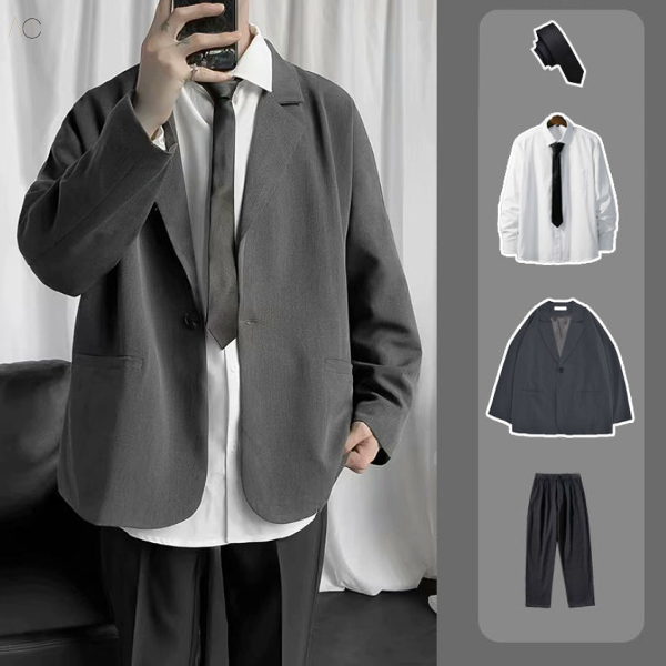 グレー/スーツ+ホワイト/シャツ+ブラック/パンツ+ブラック/ネクタイ