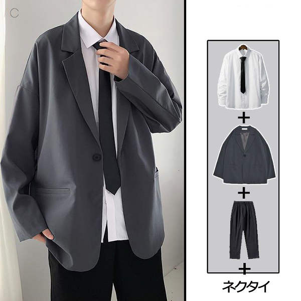 グレー/スーツ+ホワイト/シャツ+ブラック/パンツ+ネクタイ
