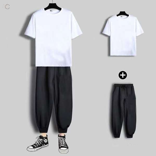 ホワイト/Tシャツ+ブラック02/カジュアルパンツ