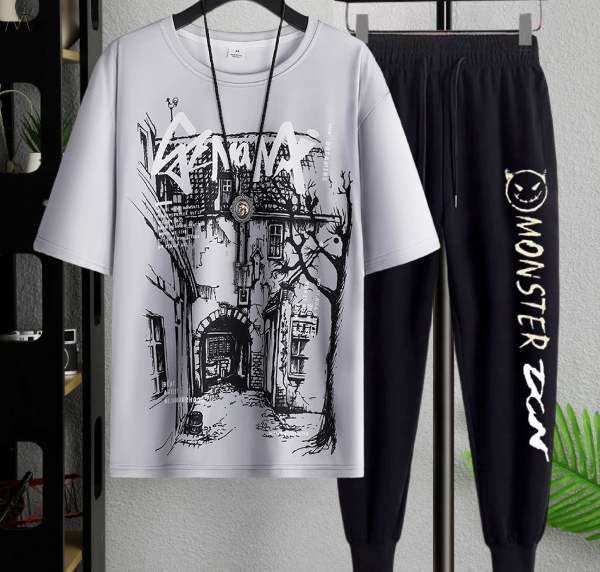 グレー／Tシャツ+ブラック／パンツ（ロング）