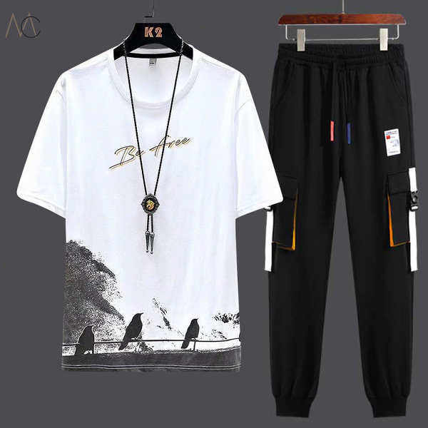 ホワイト05/Tシャツ+ブラック/カジュアルパンツ