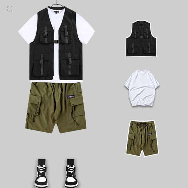 ブラック/ベスト＋ホワイト/Tシャツ＋グリーン/ショートパンツ