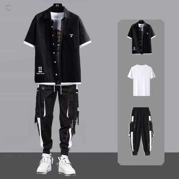 ブラック/シャツ＋ホワイト/Tシャツ+ブラック/カジュアルパンツ