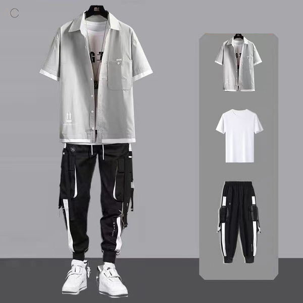 グレー/シャツ＋ホワイト/Tシャツ+ブラック/カジュアルパンツ