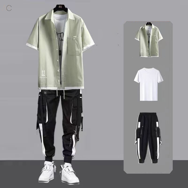 グリーン/シャツ＋ホワイト/Tシャツ+ブラック/カジュアルパンツ