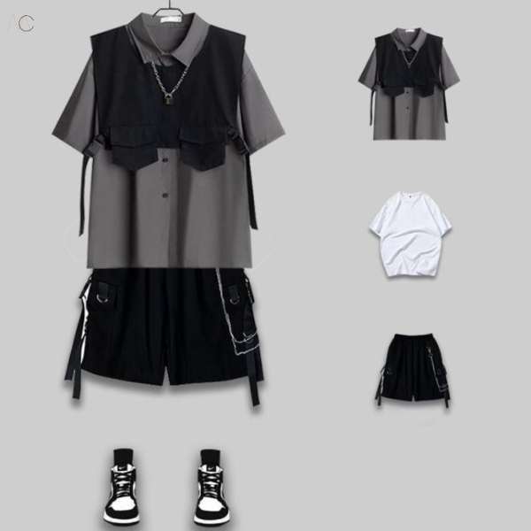 グレー/シャツ＋ブラック/ベスト+ネックレス+ブラック/パンツ