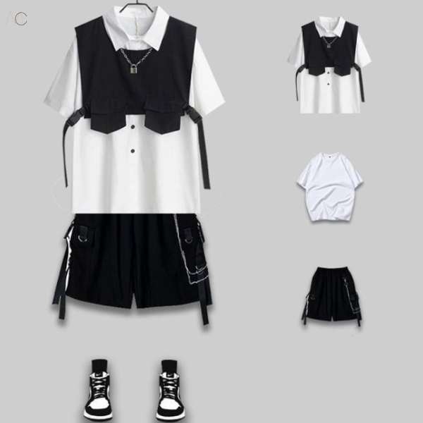 ホワイト/シャツ＋ブラック/ベスト+ネックレス+ブラック/パンツ