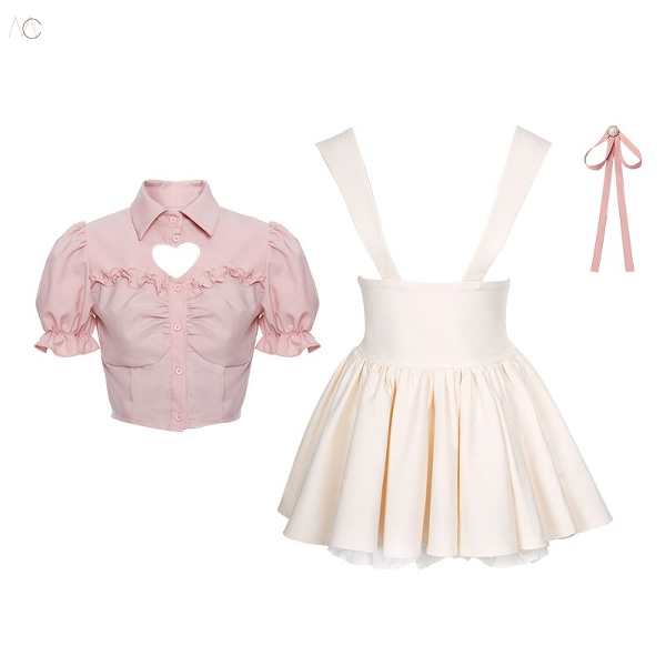 ホワイト/スカート+ ピンク/シャツ（リボン付き）