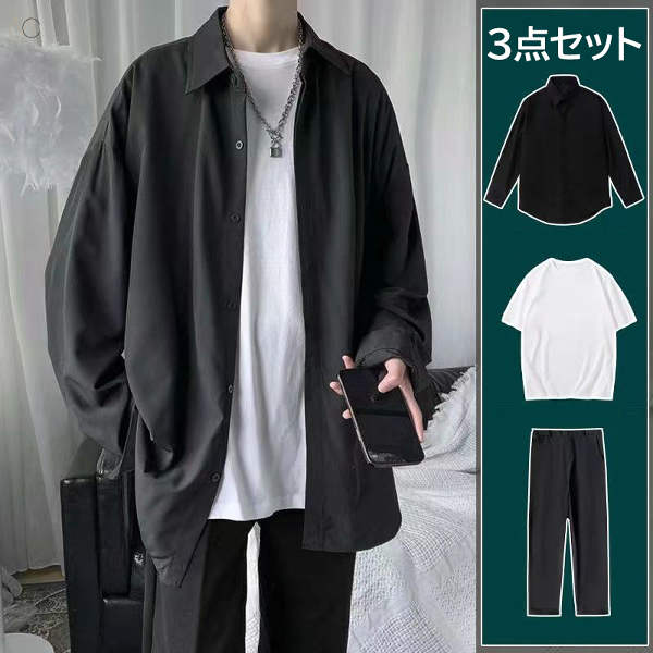 ブラック/シャツ+ホワイト/Tシャツ/半袖+ブラック/パンツ