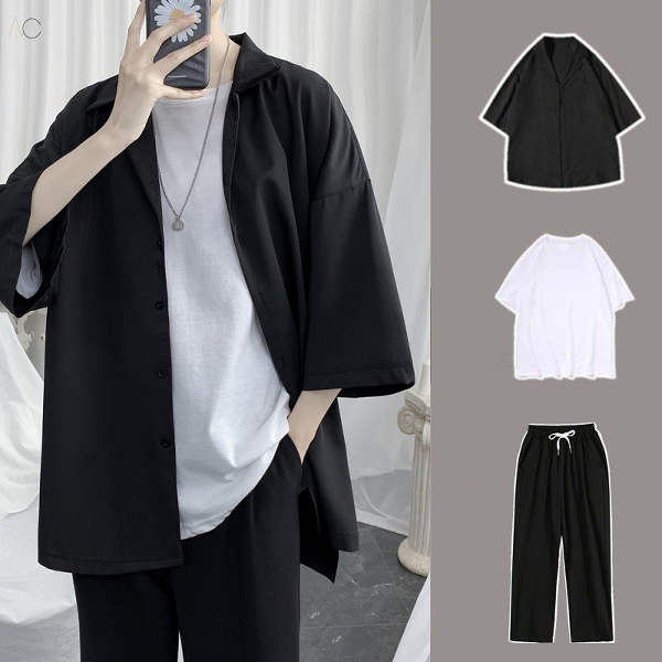 ブラック/シャツ+ホワイト/Tシャツ+ブラック/パンツ/ロング丈