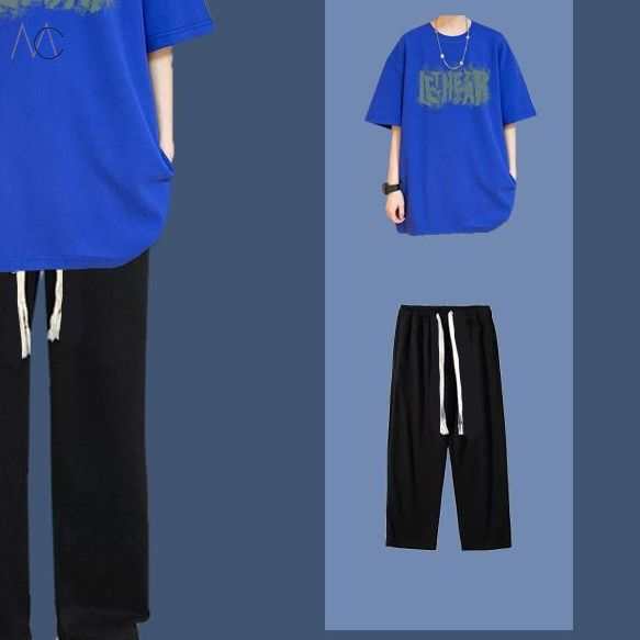 ブルー/Tシャツ+ブラック/カジュアルパンツ