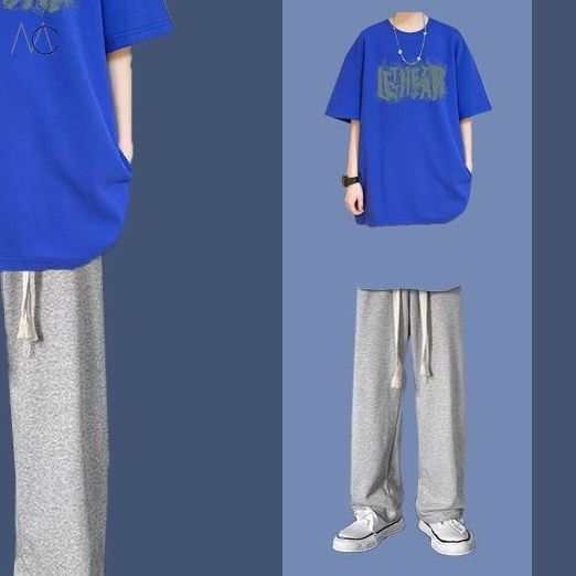 ブルー/Tシャツ+グレー/カジュアルパンツ