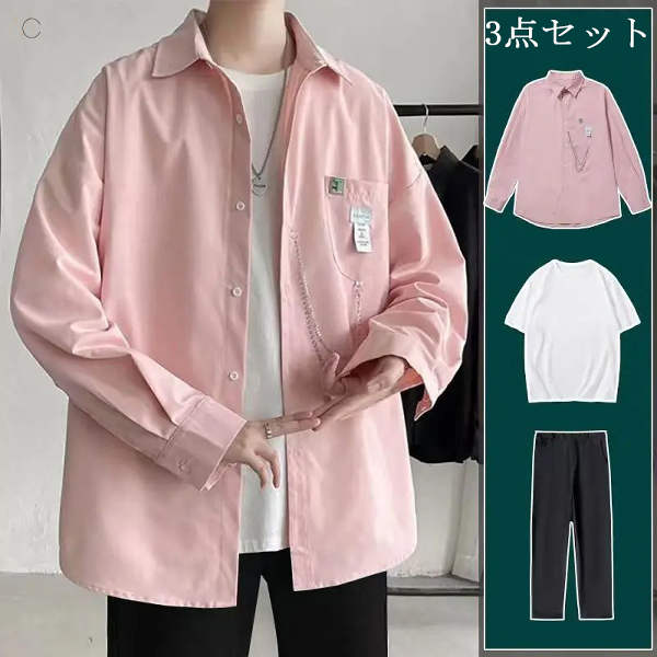 ピンク/シャツ+ホワイト/Ｔシャツ+ブラック/カジュアルパンツ