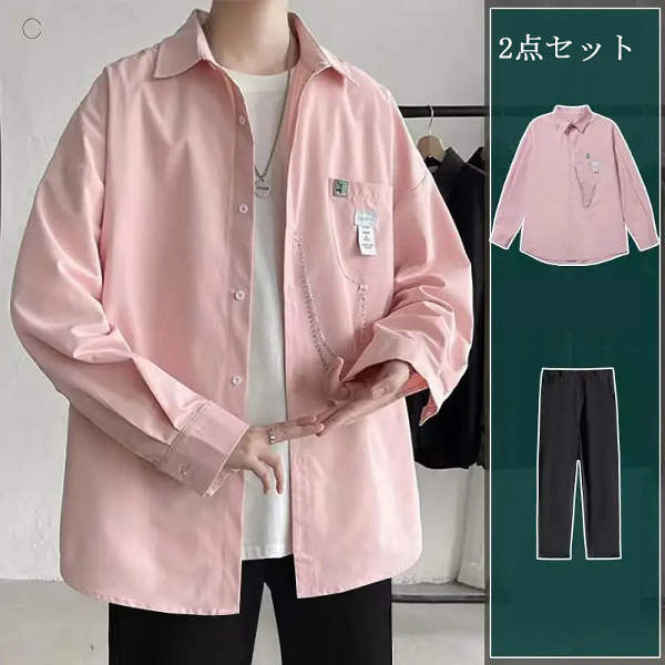 ピンク/シャツ+ブラック/カジュアルパンツ