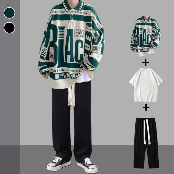 グリーン/スウェット+ホワイト/Tシャツ+ブラック/パンツ