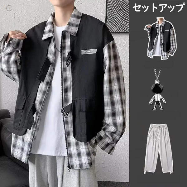 ブラック/シャツ+グレー/パンツ+ネックレス