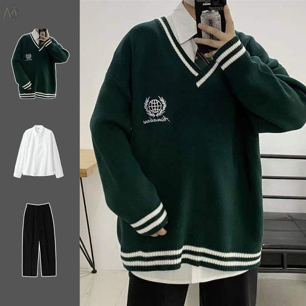 グリーン/セーター+ホワイト/シャツ+ブラック/カジュアルパンツ