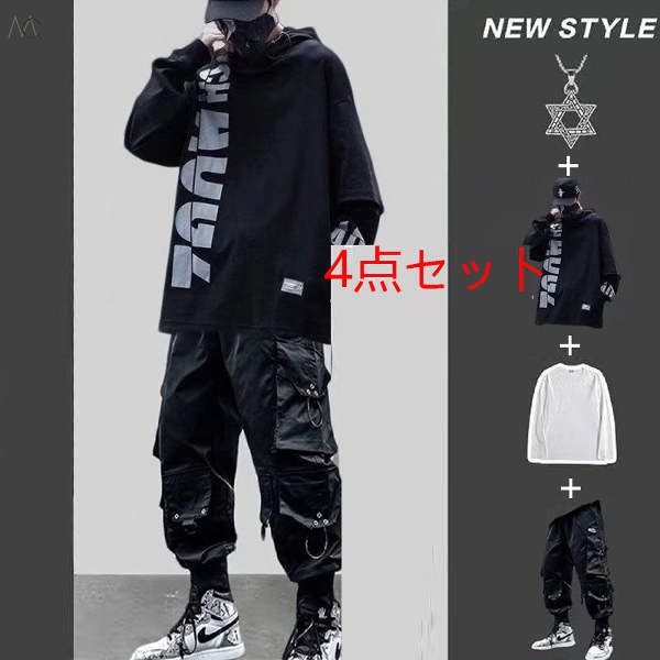 ブラック02/ジャケット+ホワイト/Tシャツ+ブラック01/カジュアルパンツ+ネックレス