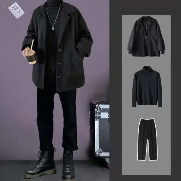 ブラック/コート+ブラック/セーター+ブラック/パンツ