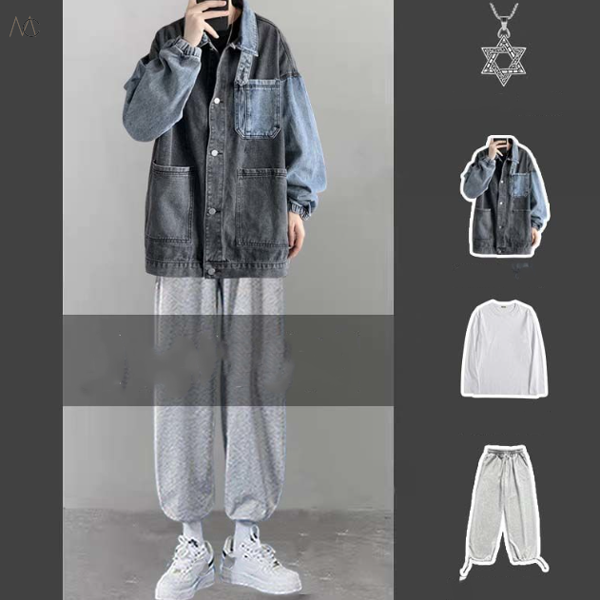 ブラック/Gジャン/02+ホワイト/Tシャツ+グレー/パンツ+ネックレス