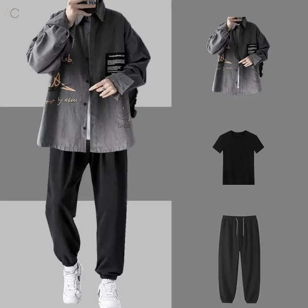 グレー/シャツ＋ブラック/Tシャツ+ブラック/カジュアルパンツ