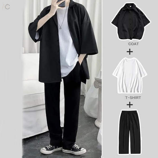 ブラック01/コート+ホワイト/Tシャツ+ブラック/パンツ