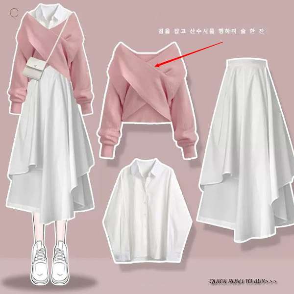 ピンク/セーター+ホワイト/シャツ