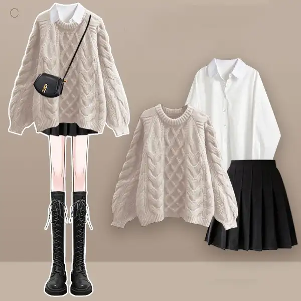 ホワイト/シャツ+アイボリー/ニット.セーター+ブラック/スカート