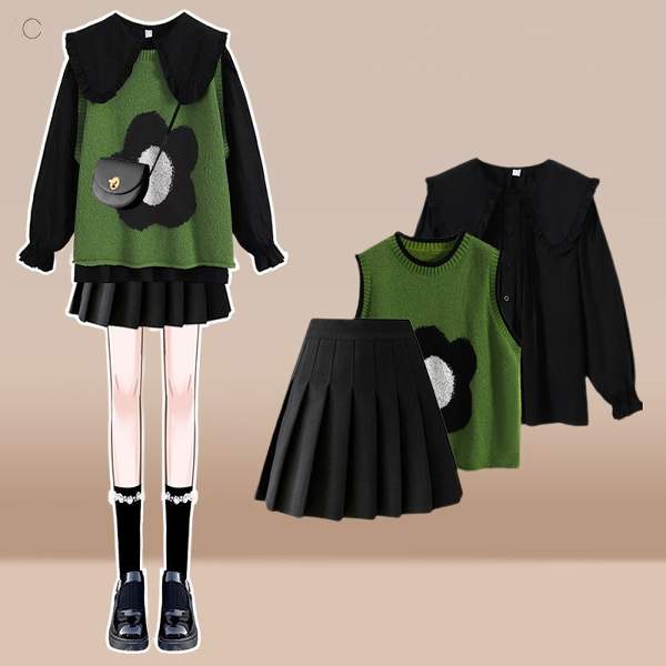 グリーン/ベスト＋ブラック/シャツ+ ブラック/スカート