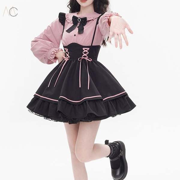 ピンク/長袖シャツ+ブラック/ジャンパースカート