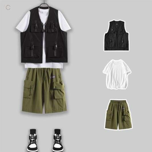 ブラック/ベスト+ホワイト/Tシャツ+グリーン/ショートパンツ