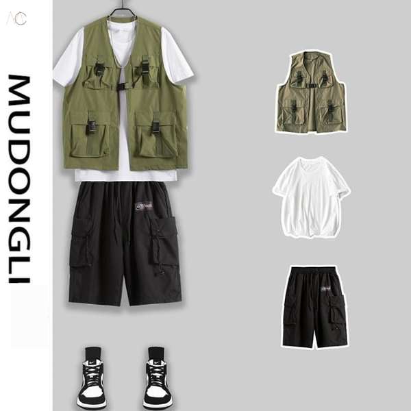 グリーン/ベスト+ホワイト/Tシャツ+ブラック/ショートパンツ
