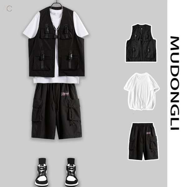 ブラック/ベスト+ホワイト/Tシャツ+ブラック/ショートパンツ