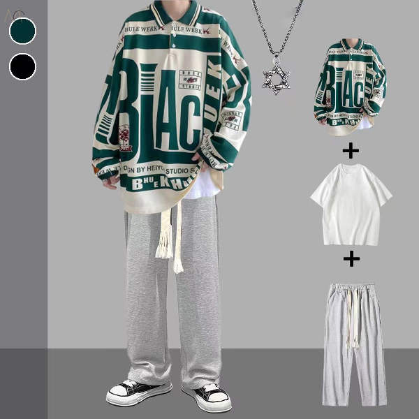 グリーン/スウェット+ホワイト/Tシャツ+グレー/パンツ(ネックレス付き)