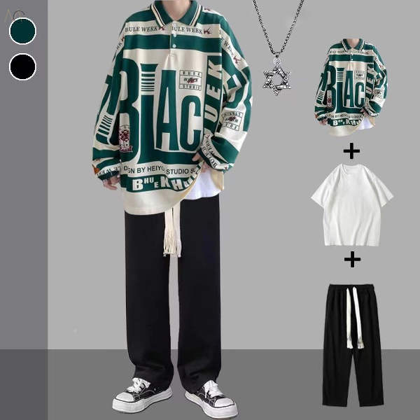 グリーン/スウェット+ホワイト/Tシャツ+ブラック/パンツ(ネックレス付き)